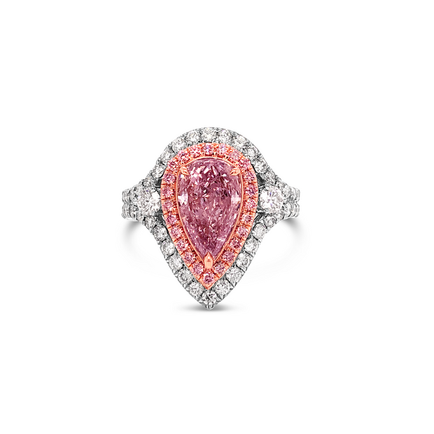 Precious Large Pink Diamond Double Halo Accented Pear Ring